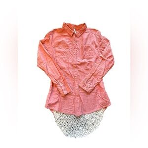 Free People Size Medium Salmon Pink Lace Crochet Back Button Down Shirt Casual
